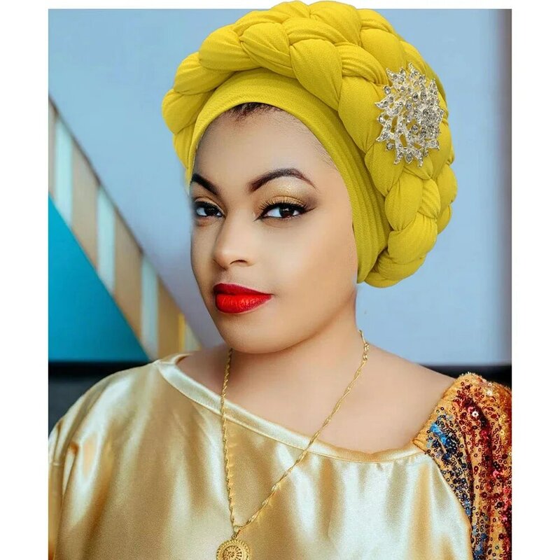 Topi Turban Halo kepang ganda mode untuk wanita berlian bunga dekorasi kepala Afrika membungkus jilbab lembut Bonnet Nigeria ikat kepala