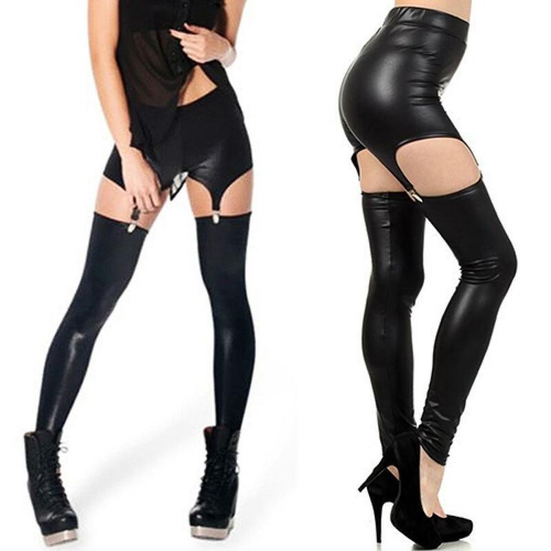 Leggings de piel sintética para mujer, mallas ajustadas con tirantes, hebilla Punk, liguero en la cintura, medias por encima de la rodilla