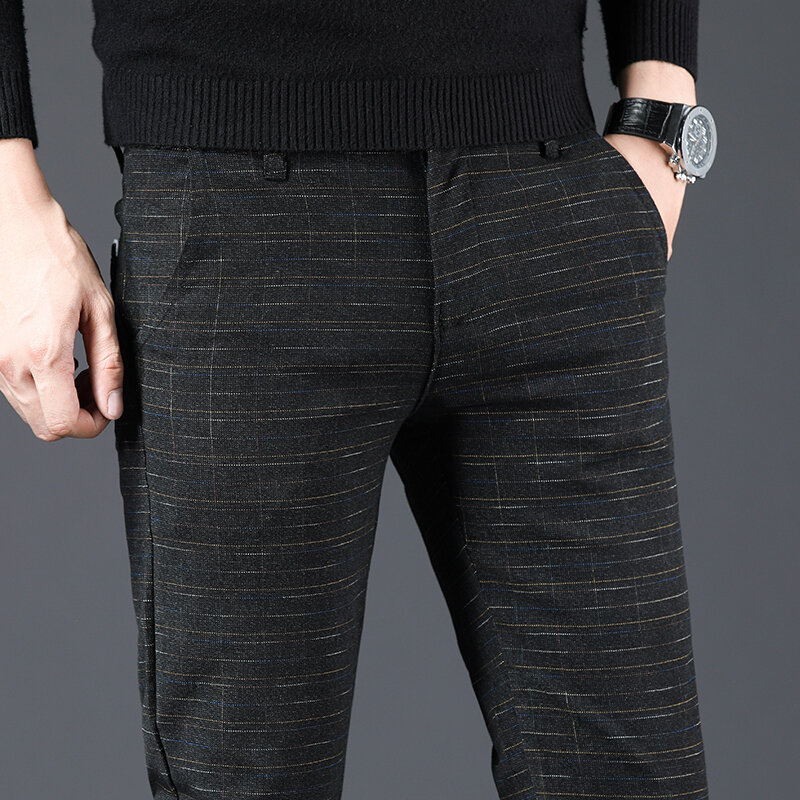 Pantalones negros a cuadros para Hombre, Pantalones ajustados a la moda, Pantalones a rayas grises, 28-38, primavera y otoño, novedad