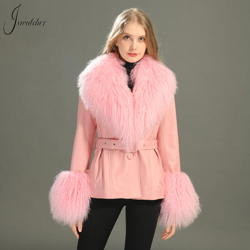 Jxwatcher-Chaqueta de piel auténtica para mujer, abrigo de piel de oveja auténtica con cinturón, puños de Cuello de piel mongola auténtica, prendas de vestir exteriores de primavera