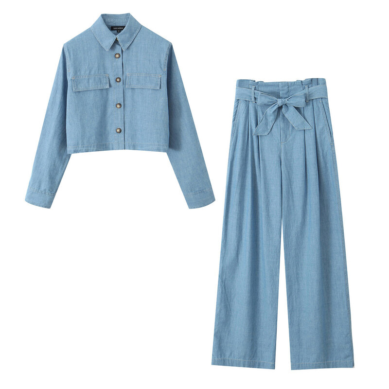 Blusa retrô de mangas compridas e calças largas para mulheres, camisa curta decorativa, flip elegante, acessórios para cinto, 2 peças, 2024