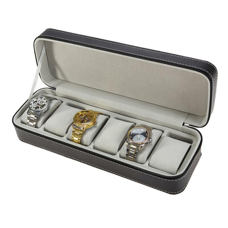 Faux Leather Watch Storage Box, Organizador Pulseira, Jóias Titular, Watch Case, 6-Grid