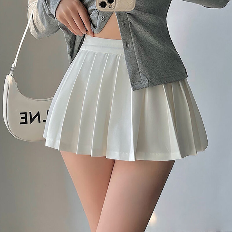 Houzhou กระโปรงมีจีบกับกางเกงขาสั้นของผู้หญิงกางเกงเอวสูงเซ็กซี่สีขาวไม่สม่ำเสมอสีดำมีไลน์ gyaru เทนนิส ROK MINI สุดขีดโรงเรียน