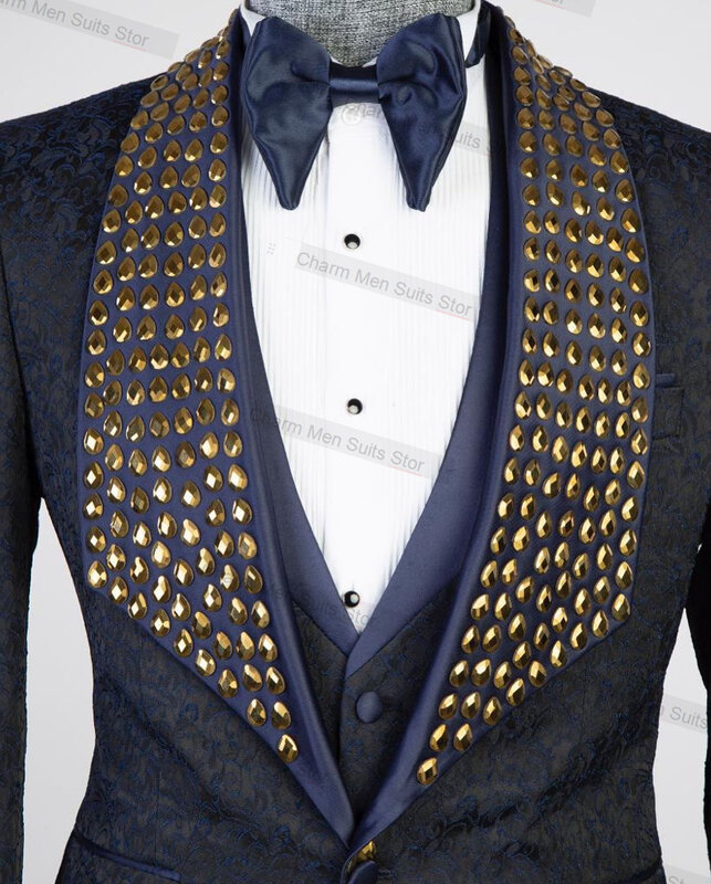 Conjunto de trajes de Jacquard para hombre, Blazer y pantalones hechos a medida, chaqueta con cristales dorados, abrigo de esmoquin Formal para oficina, negocios, novio, boda, 2 piezas