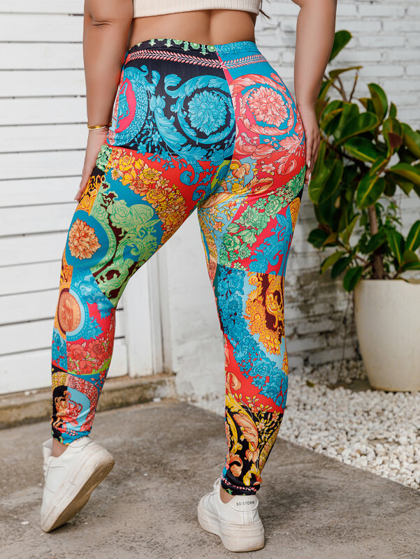 Plus Size Women's Colorful Patchwork Floral Print Leggings High Stretch Knit Casual Comfort Sports Pants Mid-Waist Trousers