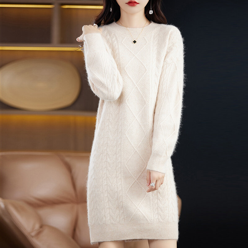 Autumn and Winter New Mink Cashmere Knit Sweater Dress Round Neck Pullover Medium Long Solid Color Base Shirt Coat Skirt Woman