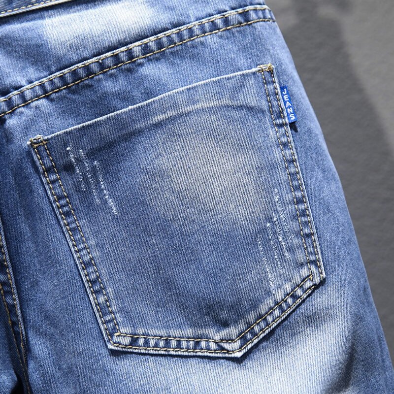 Calça jeans stretch casual masculina curta, jeans slim, azul, na altura do joelho, calça cortada, roupa masculina, verão, nova