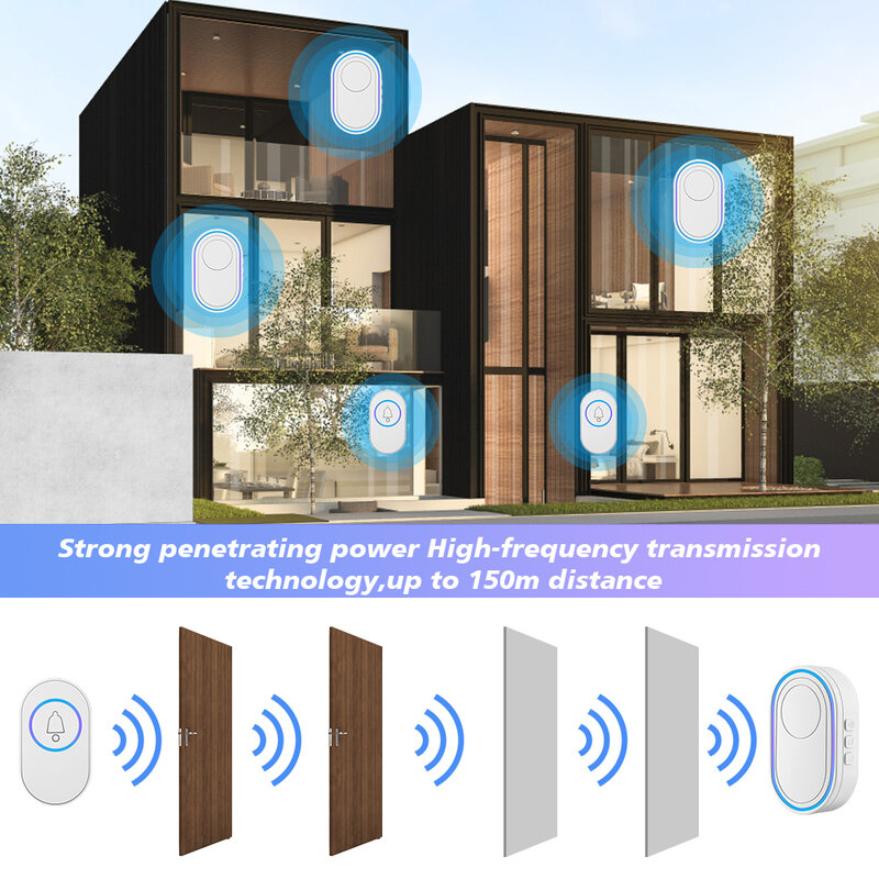 WSDCAM Wireless Doorbell IP65 Waterproof Door Bell 150M Long Distance 39 Musics Home Door Bell Security LED Light Door Chimes