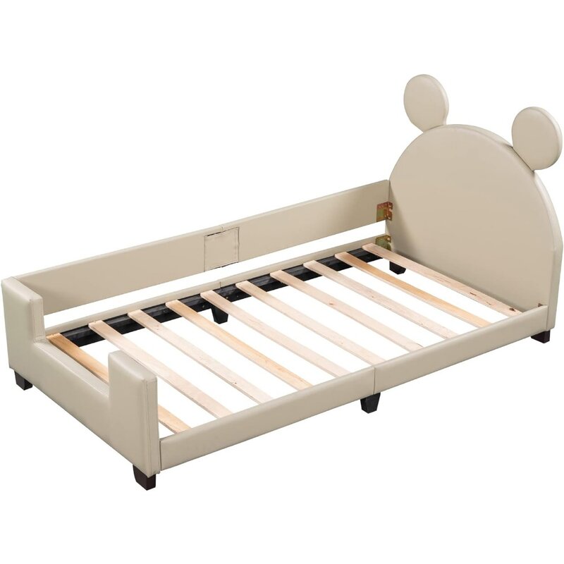 Детская постельная рама, детская деревянная двойная кровать, с изголовьем уха мыши, без необходимости весенней коробки, низкая платформа кровати рама