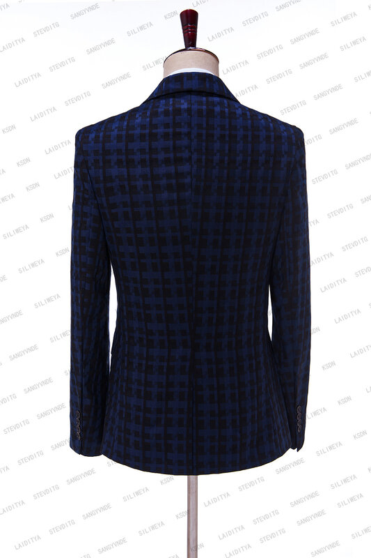 2023 New Blue Black Plaid Classic Pattern Men Suits 3 Piece Notched Lapel Casual Tuxedos for Wedding Groomsmen（Blazer+Vest+Pant）