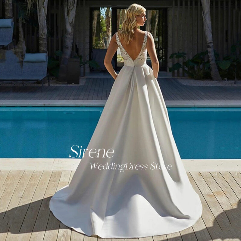 Sirene-Lace Applique cetim vestido de casamento, A-Line, V-Neck, sem mangas, sem encosto, vestido de noiva, Custom Made, Praia, Elegante