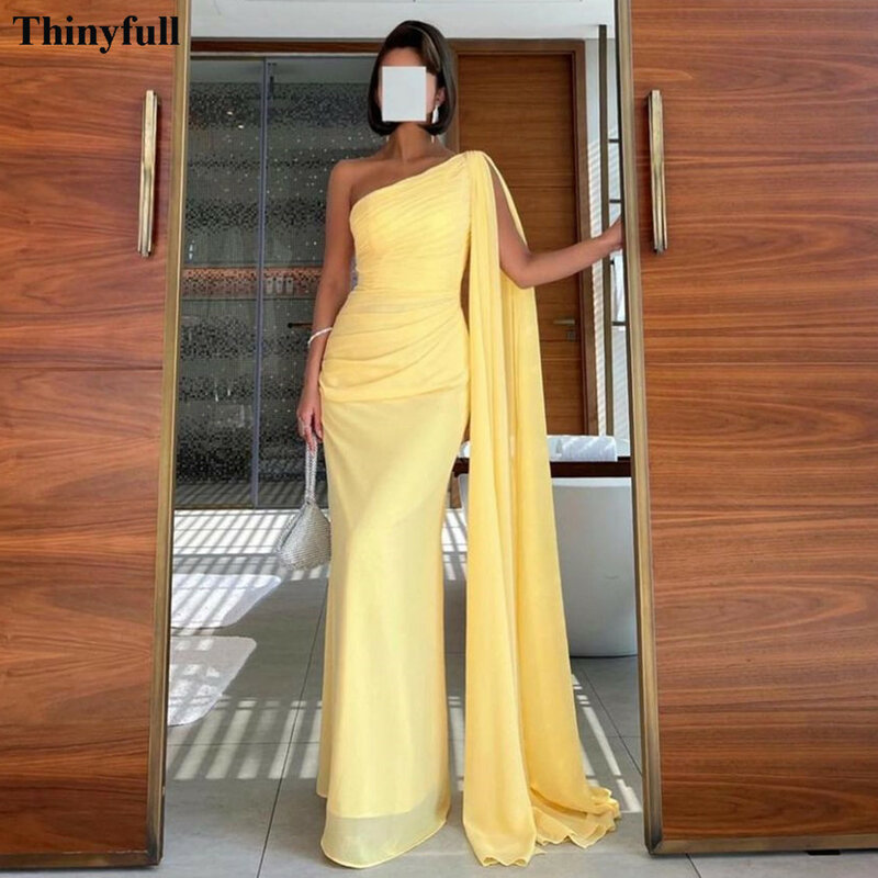 Thinyfull-sereia amarelo vestidos de baile para mulheres, vestidos de festa com um ombro, vestido de noite formal árabe longo