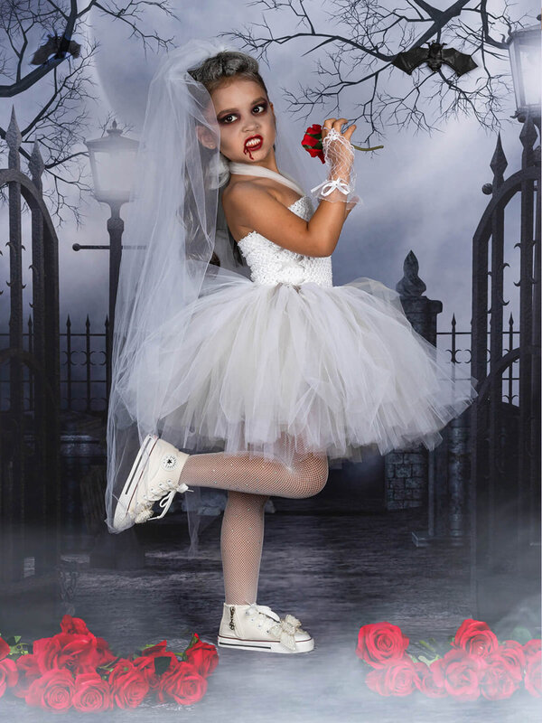 Pakaian Zombie anak perempuan hantu pengantin gaun pernikahan putih vampir Halloween anak perempuan kostum Cosplay ponco