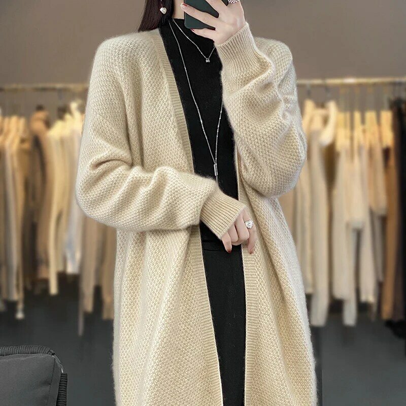 Kardigan wol longgar wanita, mantel Sweater angin malas longgar panjang warna polos, kardigan wol gaya Korea musim gugur dan musim dingin