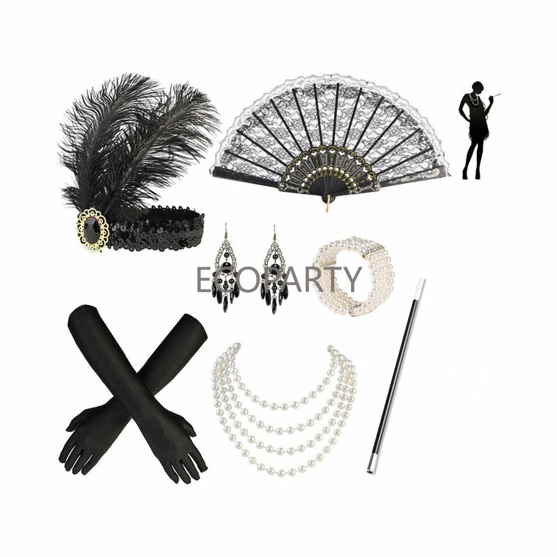 1920s Frauen Vintage Flapper Gatsby Kostüm Zubehör Set 20s Stirnband Perle Halskette Handschuhe Zigarette Halter Anime Ohrring Set