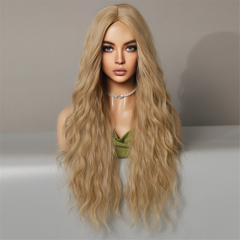 Brown Beige Dyed 72cm Wig Women Long Curly Hair Medium Wig Bangs Water Wave Fiber Wig