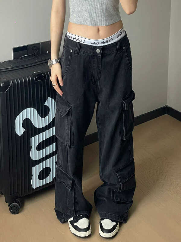 Women Y2k Japanese Streetwear Baggy Cargo Denim Pants Long Trousers 2000s Aesthetic Jean Kpop Grunge Goth Dark Academia Tide