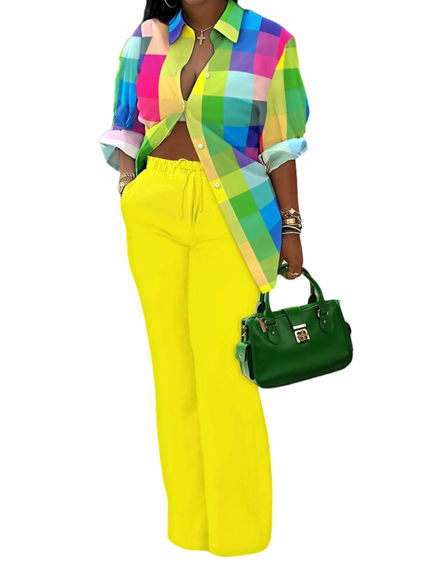 Женский брючный костюм из двух предметов, рубашка с длинным рукавом и принтом, брюки на завязках, повседневный комплект для поездок, весна-осень 2024