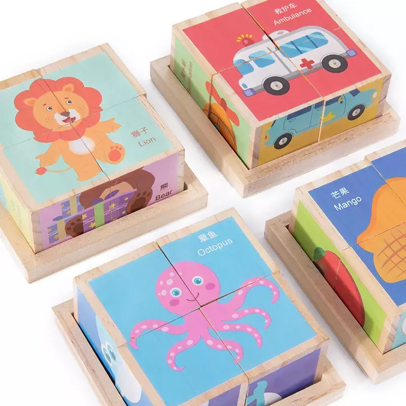 몬테소리 과일 동물 교통 나무 블록 퍼즐, 어린이 조기 교육 장난감, 6 면 3D 퍼즐 게임 큐브