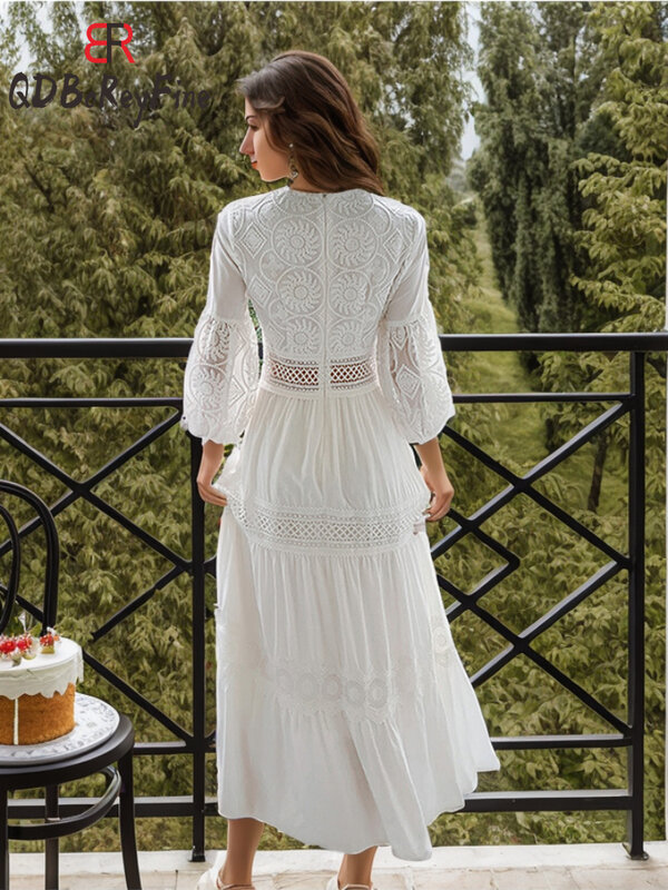 Vestido blanco de algodón con mangas abullonadas para mujer, Falda Midi larga con cordones, Primavera, novedad de 2024
