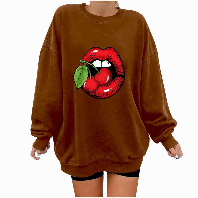 2023 Women Casual Top Hot Lip Pattern Printed Plush Sweatshirts Loose Long Sleeve Plush Round Neck Oversized Pullover Sweater