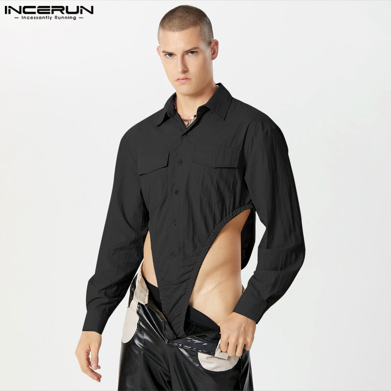 Incerun-男性用単色カジュアル長袖ジャンプスーツ、三角形のボディスーツ、ハイフォーク、ラペルデザイン、サイドポケット、ファッション、S-5XL、2023