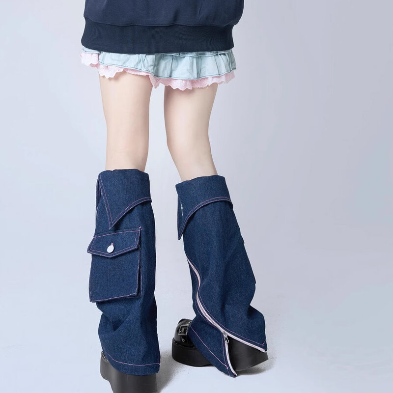 Leggings kawaii japonesas para mulheres e meninas, meias de perna, joelheira, bolso com zíper, splice punk, denim, lolita, rocha, punk, fofo, bricolage, y2k, 2024