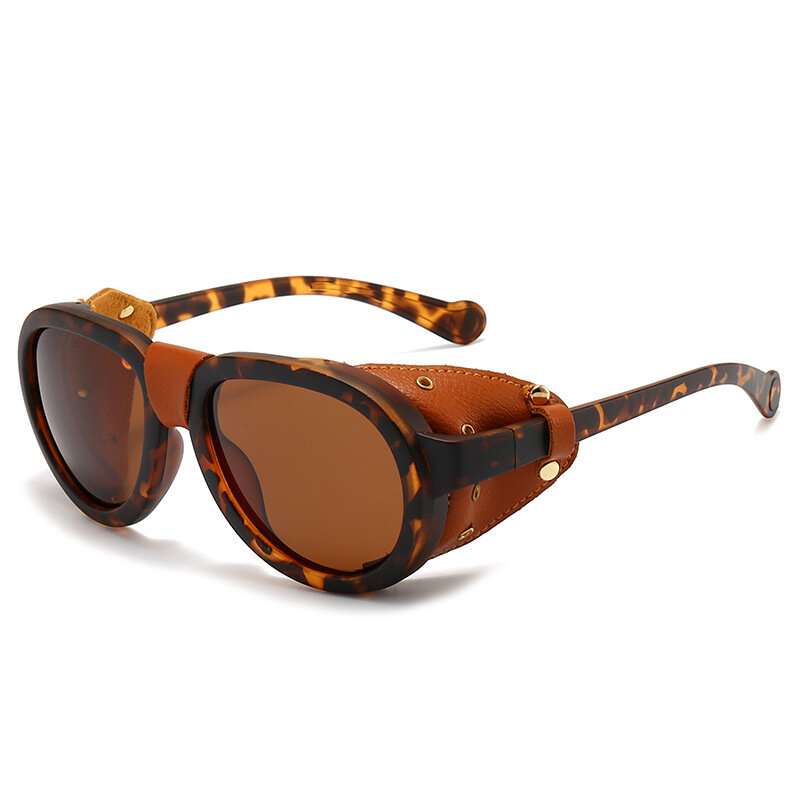 Oversized Men Polarized Sunglasses For Women Luxury Brand Design Round Steampunk Leather Eyeglasses Vintage Oculos UV400 Gafas