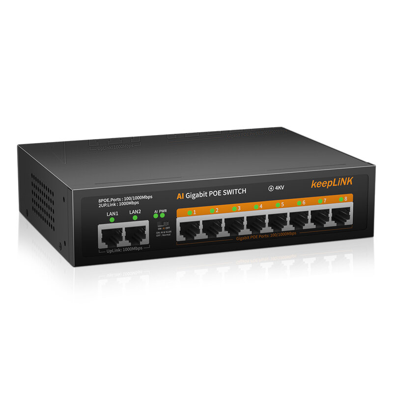 KeepLink-POE Switch Ethernet, 8 Portas, 1000 Mbps, Padrão de Rede, 52V, Potência Embutida, CCTV, Câmera IP, Roteador WiFi