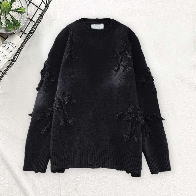 Loose Fit Sweater Casual Sweater Stylish Men's Ripped Round Neck Knitted Sweater for Fall Winter Soft Warm Pullover with for Men