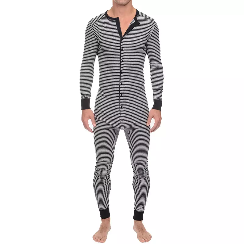 Herren einteilige Pyjamas Overall Mann gestreifte Langarm bequeme Knopf Nachtwäsche Nachtwäsche Homewear Pyjamas