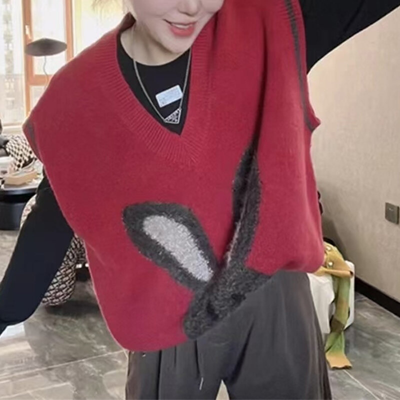 Rompi sweter rajut wanita, pakaian jalanan kartun Kawaii ukuran besar Harajuku Y2K kasual tanpa lengan leher V