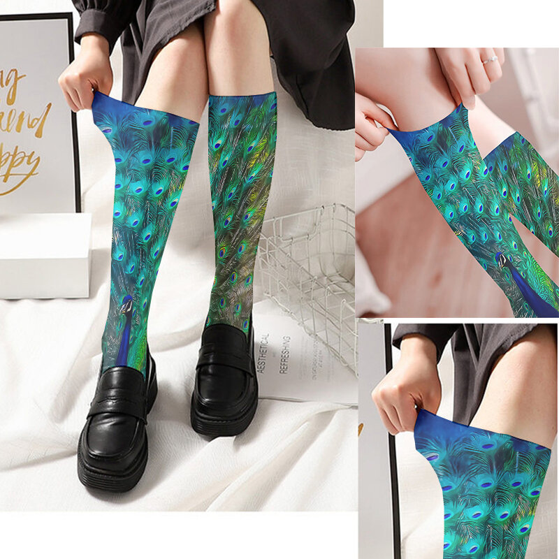 Calcetines largos de terciopelo para mujer, medias divertidas de pavo real, Harajuku, Sexy, cómodo, transpirable, fresco, de calle