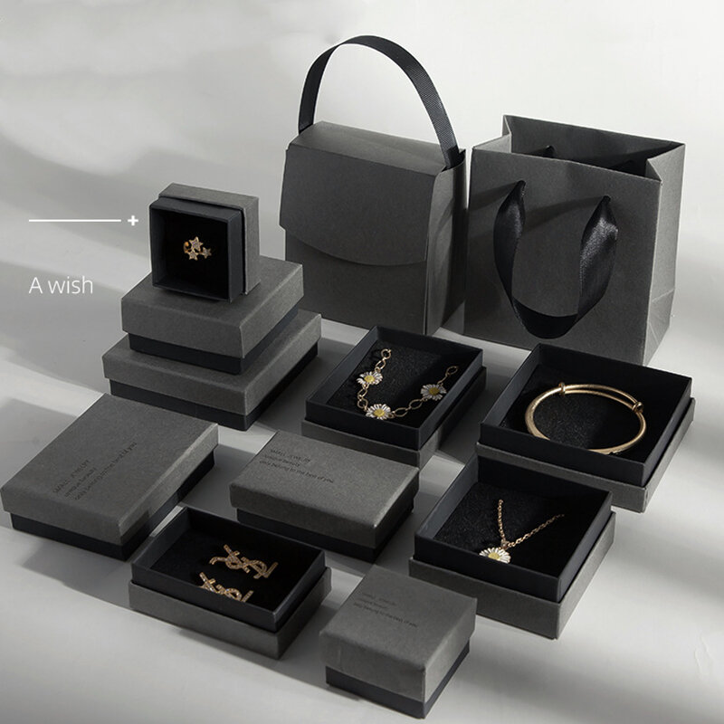 Kotak kemasan perhiasan hitam abu-abu anting-anting liontin kalung pengatur penyimpanan suspensi kertas kotak hadiah modis pernikahan