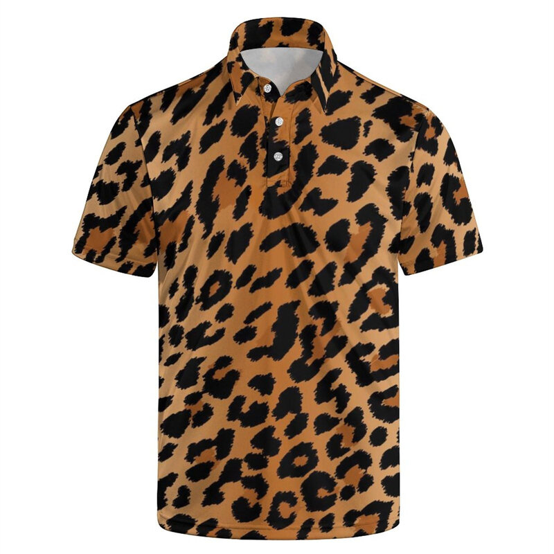 Homens com serra 3D puzzle camisas polo estampadas, tops de manga curta, roupas de rua casuais, camisa de botão leopardo, moda verão