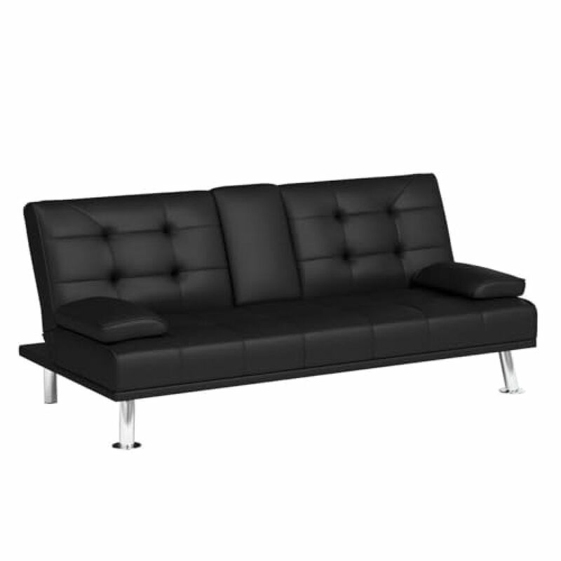 A! Futon Sofa Bed Modern Faux Leather Couch, Convertible Folding Futon Couch Recliner Lounge for Living Room with 2 Cup
