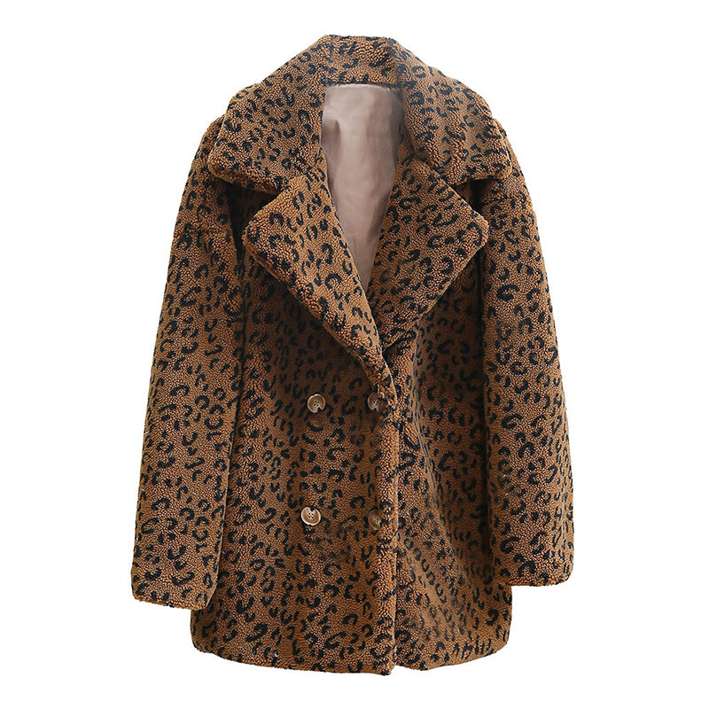 Casaco leopardo de pele sintética para mulheres, jaqueta lapela, elegante senhora do trabalho de escritório, casacos de pele de manga comprida, outono, inverno, 2023
