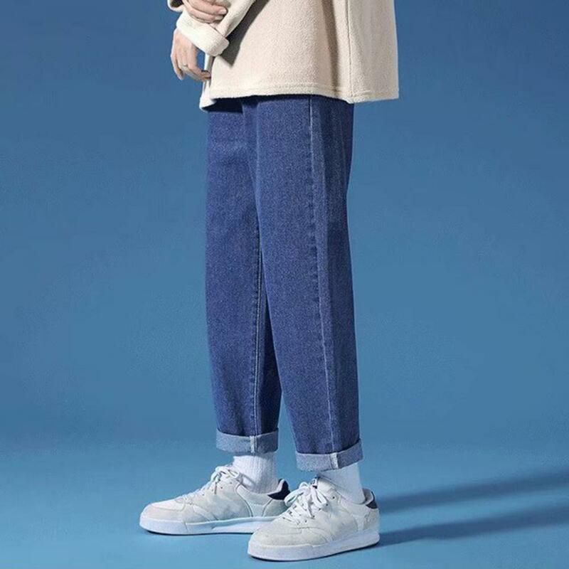 سراويل جينز للرجال بأرجل واسعة مع جيوب بسحاب ، جينز كاجوال فضفاض ، بنطلون مستقيم ، مظهر أنيق ، ملابس الشارع