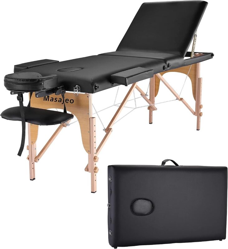 Mesa de masaje portátil, cama de masaje profesional, SPA Reiki, cama de salón de pestañas, marco de madera, ajuste de altura y accesorios