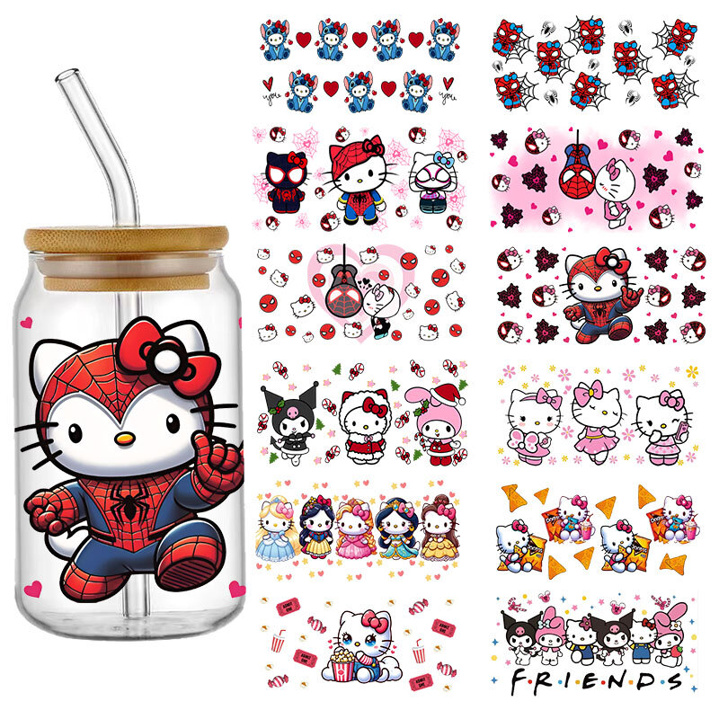 Sanrio Hello Kitty Kuromi Disney Ontwerp Uv Dtf Sticker Voor 16Ozcup Glas Wrap Transfer Sticker Label Diy Logo Zelfklevend