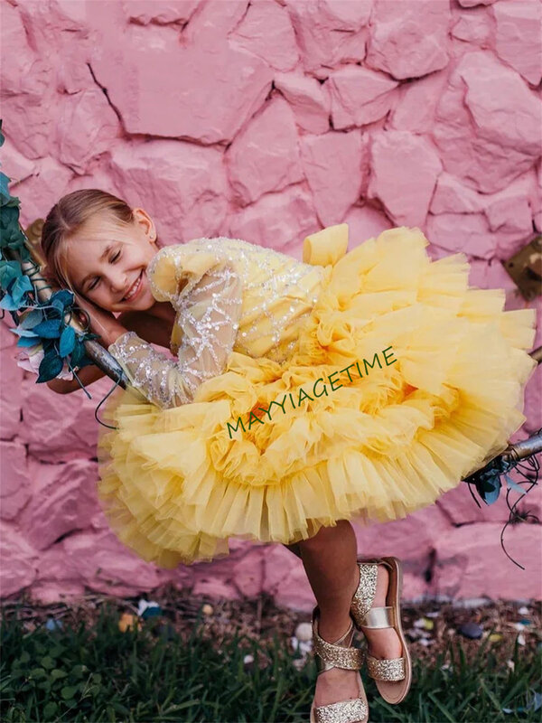 Camadas amarelas Puffy Dress para Baby Girl, Flower Girl Dresses, Vestido de princesa bonito, Vestido de casamento, Crianças infantis