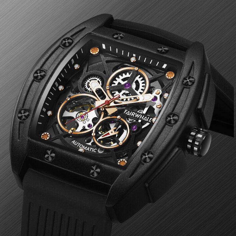 Relógio mecânico automático masculino, turbilhão esqueleto, relógio masculino impermeável, pulseira de borracha, marca de topo, luxo, preto, 30m, 2023