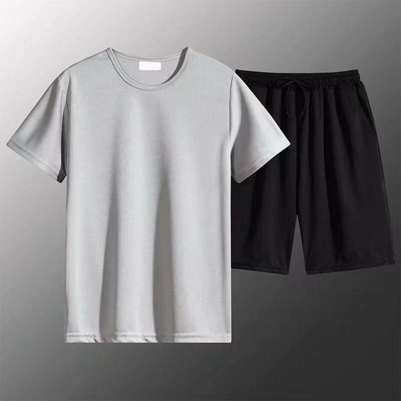 Conjunto de camiseta esportiva casual masculina, com decote em O, calção de perna larga, cor sólida, seda gelada, ajuste solto, verão