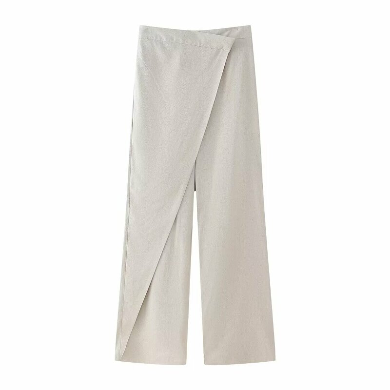 Women's 2024 New Fashion Linen Blended Wrap up Style Casual Pants Retro High Waist Zipper Women's Pants Mujer