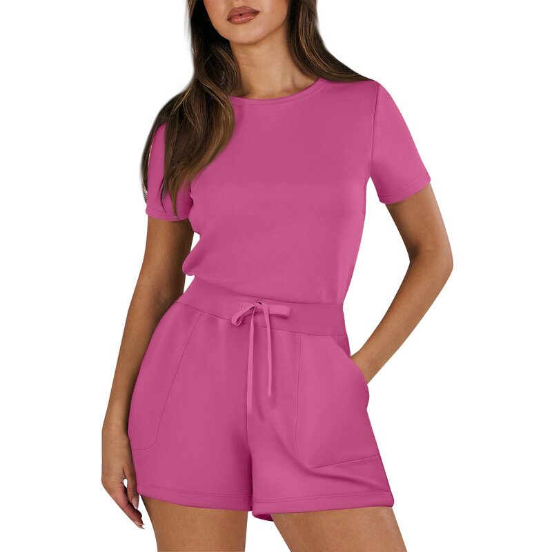 Women'S Shorts Jumpsuits Summer Casual Solid Crewneck Short Sleeve Tops Drawstring Rompers With Pockets Daily Sports Jumpsuit
