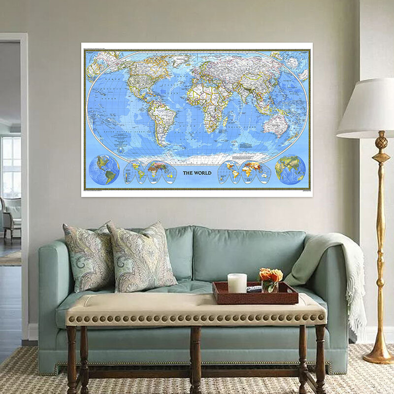 1pc 1988 World Map 225*150cm Non Woven Map of World Poster Detailed Poster Wall Decor Wallpapers Office Supplies