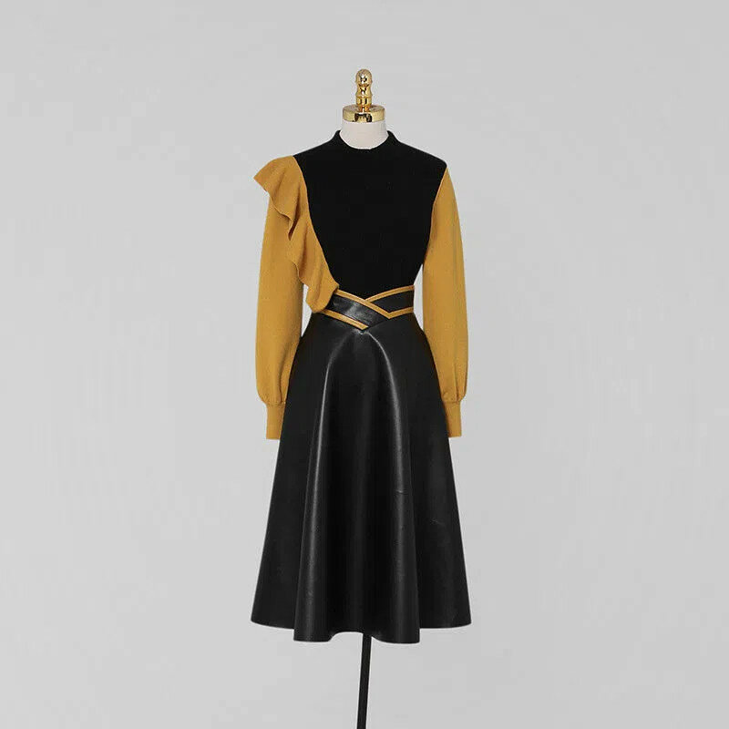 女性のための黒い革のセーターとスカートのセット,冬のファッション,2022