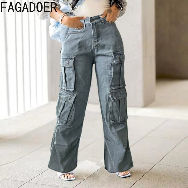 Calças cargo com perna larga Fagadoer para mulher, calça jeans de cintura alta com bolso, reta, com botão, estilo cowboy, moda, 2024