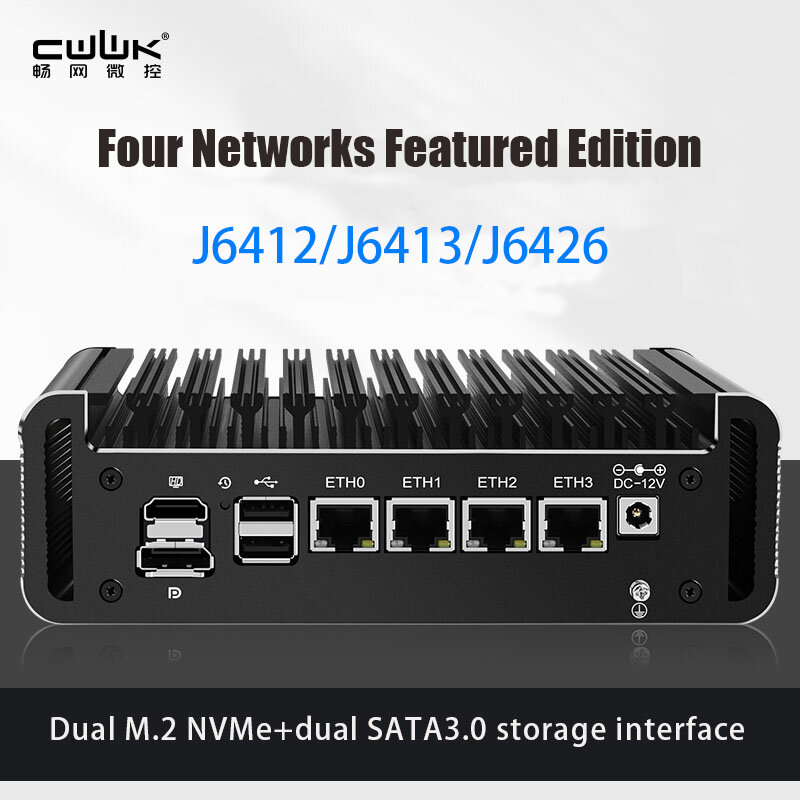 CWWK Generasi 12 Intel 2.5G Router Lembut PC Celeron J6413/J6412 4 Port Jaringan I226-V LAN Komputer Firewall PC Mini Tanpa Kipas
