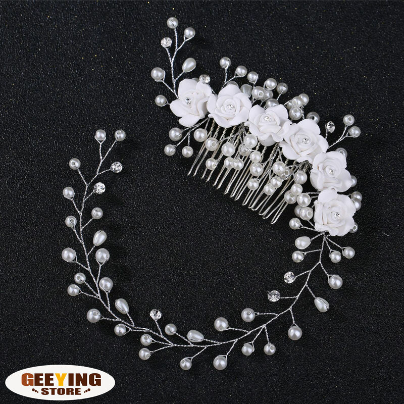 Handmade Pearl Flower Bridal Hair Band Soft Ceramic Flower Hair Accessories Photography Wedding Decoration Headband